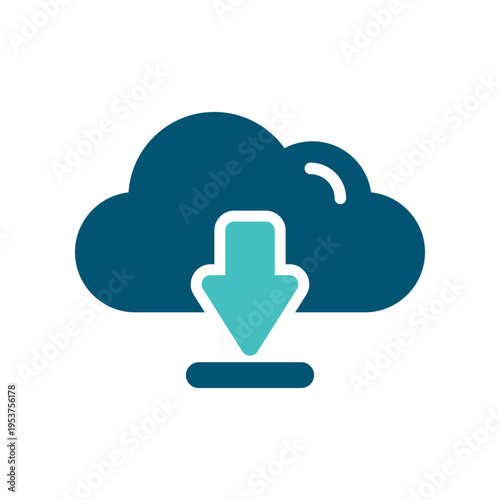A cloud with a downward arrow represents file download and incoming cloud transfer. This graphic suits hosting dashboards, storage services, software interfaces, and digital delivery materials