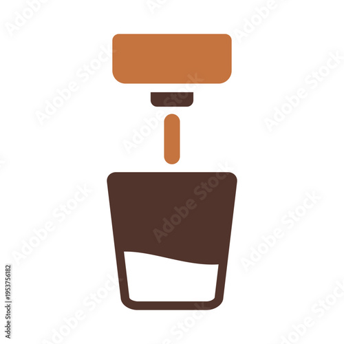 A press tool above a cup represents coffee shot preparation. This graphic suits espresso guides, cafe menus, barista tools, and beverage branding