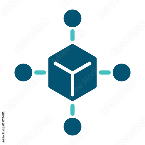 A central cube with connected nodes represents a distributed ledger structure. This graphic suits blockchain presentations, crypto platforms, fintech diagrams, and decentralized system materials