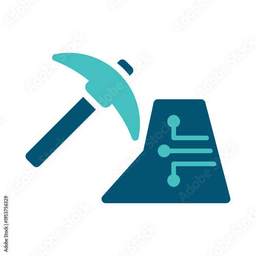 A pickaxe and coin graphic represent cryptocurrency mining activity. This graphic suits blockchain explainers, crypto platforms, fintech articles, and digital asset presentations
