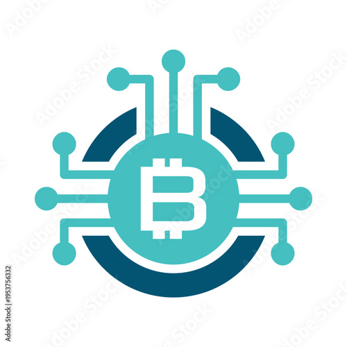 A bitcoin coin symbol is surrounded by circuit lines in a clean geometric style. This graphic suits crypto exchanges, blockchain apps, fintech dashboards, and digital payment materials