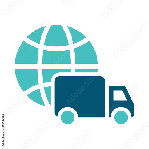 A globe combined with a delivery truck represents logistics and transport coordination. This graphic suits shipping platforms, supply chain dashboards, warehouse systems, and freight service materials