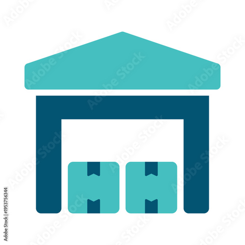 A warehouse building with stored parcels represents inventory and fulfillment space. This graphic suits logistics platforms, shipping companies, supply chain dashboards, and storage service materials