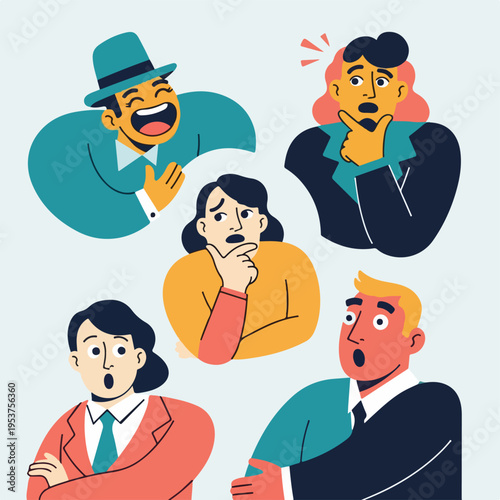 Cartoon people expressing various emotions surprise, laughter, thought