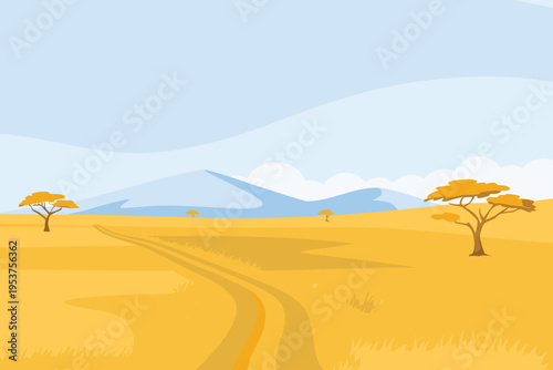 A serene african savanna landscape with rolling hills and trees