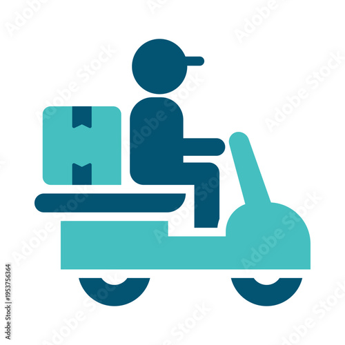A rider on a delivery bike is shown carrying a rear package box. This graphic suits urban courier services, delivery apps, fast shipping tools, and local transport materials