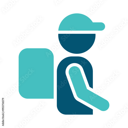 A courier carrying a package is shown in a simple side view. This graphic suits delivery apps, shipping services, logistics branding, and last mile transport materials