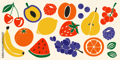 Abstract fruit set. Organic fruits and berries, natural summer food, colorful cherry, banana, strawberry, raspberry, peach, plum, melon citrus lemon orange. Vector collection