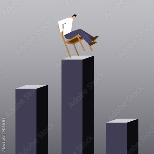 Conceptual illustration of a man sitting on a chair at the edge of a high platform, symbolising risk, instability, overconfidence, and the danger of losing balance in success or leadership