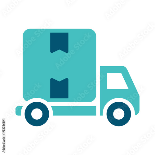 A truck carrying a marked cargo box is shown in a simple flat style. This graphic suits freight services, shipping platforms, logistics systems, and transport company branding