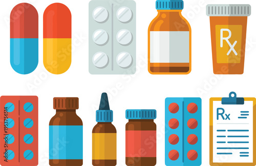 Pharmacy icon set, flat vector collection of pills bottles blister packs capsules and tablets representing healthcare drugs vitamins antibiotics and medical treatment.