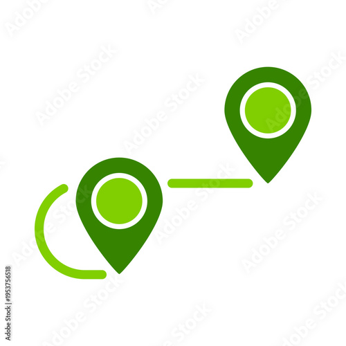 Curved map pins connected by a path represent an electric vehicle route. This graphic suits navigation interfaces, mobility apps, transport maps, and trip planning materials