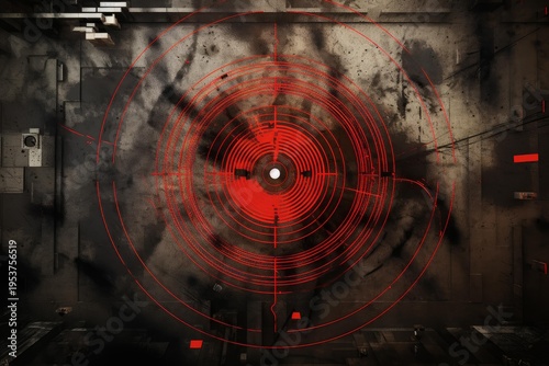 Red digital crosshair aiming and tracking object on a dirty futuristic metallic surface