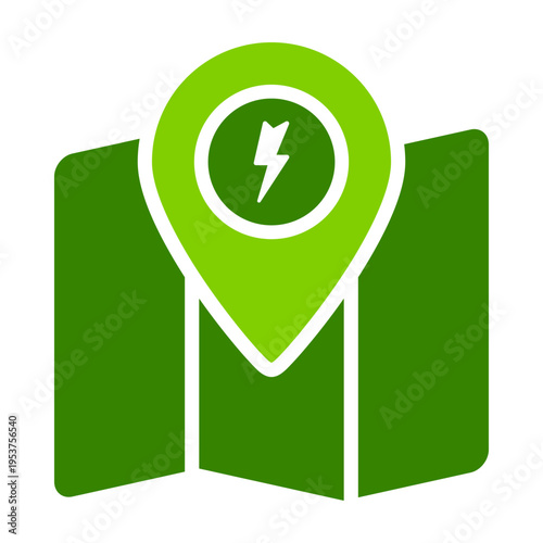 A folded map with a charging pin represents electric vehicle location guidance. This graphic suits navigation apps, charging station finders, transport services, and smart mobility platforms