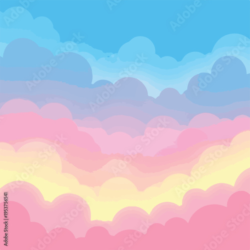Cartoon sky gradient, layers of clouds in pastel pink, yellow, and blue