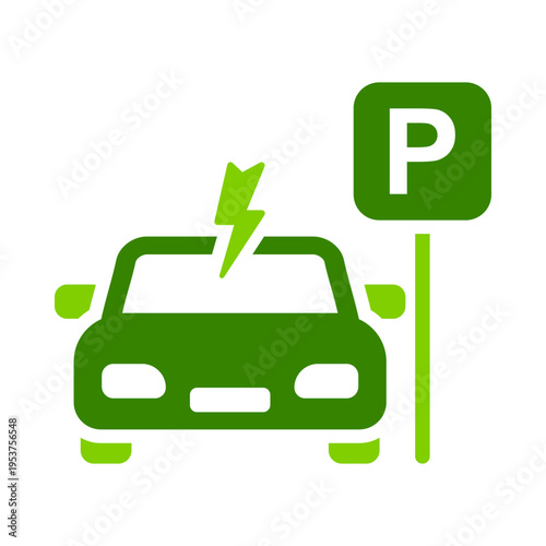A car beside a parking sign with a lightning mark represents EV parking. This graphic suits navigation apps, charging maps, transport services, and smart city materials