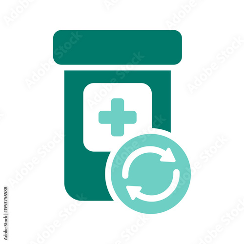 A medicine bottle with circular arrows represents refill control and medication reuse scheduling. This graphic suits pharmacy management tools, treatment adherence apps, clinic systems