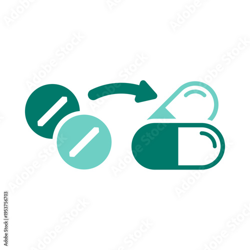 Schilderij op canvas Two pills with directional arrows represent drug substitution and medication switching