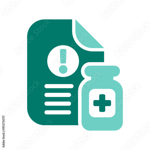 A warning document beside a medicine bottle represents prescription limits and restricted use. This graphic suits pharmacy compliance systems, clinic alerts, dosage control tools, and healthcare 