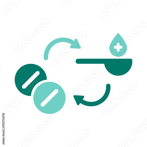 Medication forms with circular arrows represent choosing an alternative drug option. This graphic suits pharmacy decision tools, treatment planning systems, prescribing workflows, and healthcare 