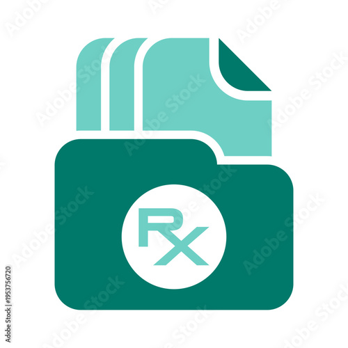 A folder with multiple RX files represents stored prescription history records. This graphic suits pharmacy platforms, clinic archives, telehealth portals, and medical record management materials