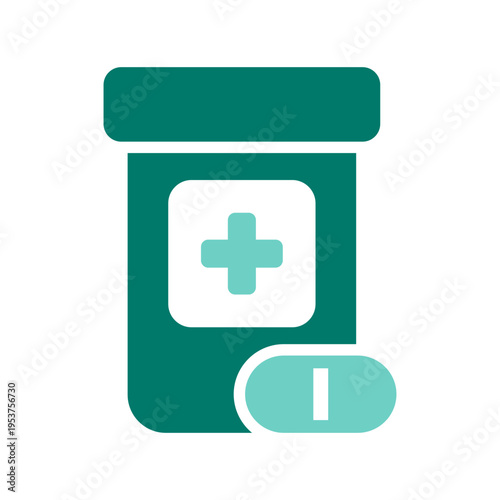 A medicine container with an information marker represents dosage guidance and drug details. This graphic suits pharmacy apps, prescription labels, treatment instructions, and healthcare 
