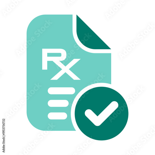 An RX document with a check mark represents prescription validity and approved status. This graphic suits pharmacy verification systems, clinic software, telehealth workflows, and medical 
