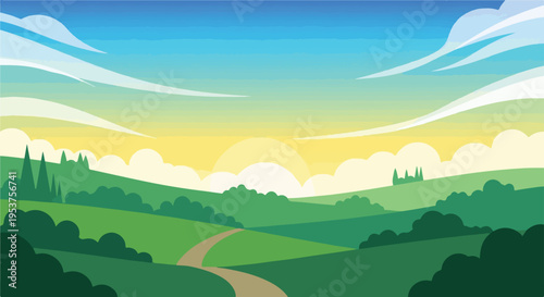 Cartoonish countryside landscape with rolling hills, sun, clouds, and path