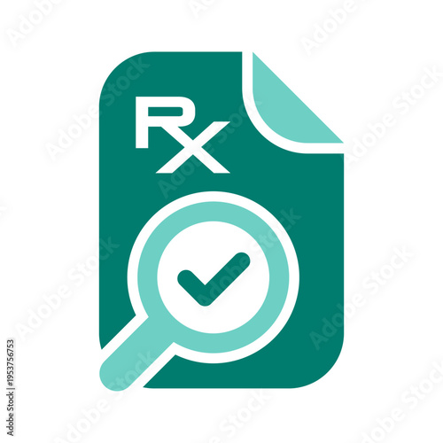 A prescription sheet with a magnifier and check mark represents verified medication data. This graphic suits pharmacy systems, clinic platforms, telehealth services, and medical compliance materials