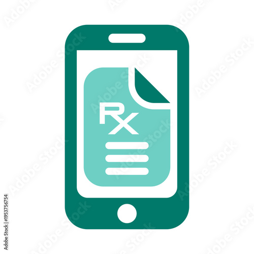 A smartphone displays a digital prescription document with an RX mark. This graphic suits telemedicine apps, pharmacy platforms, healthcare portals, and electronic prescribing materials