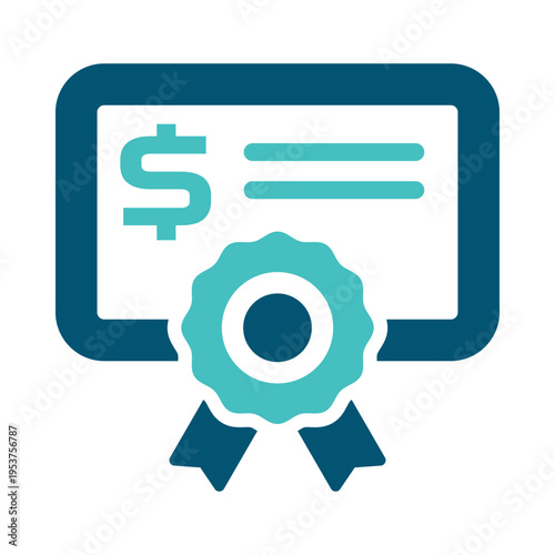 A financial certificate with a ribbon badge represents a bond and formal investment security. This graphic suits banking materials, investment platforms, portfolio reports, and corporate finance