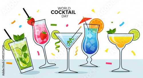 Colorful cocktails with umbrellas and garnishes celebrating world cocktail day with confetti