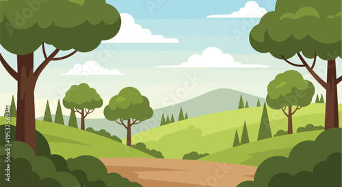 Cartoon-style illustration depicts a scenic landscape with trees, hills, and a road