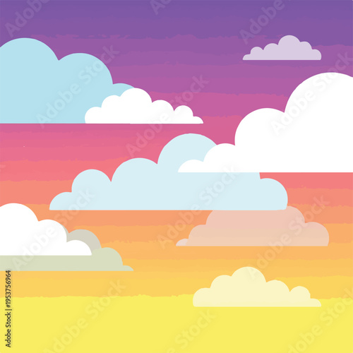 Cartoon-style illustration depicts a sunset sky with clouds
