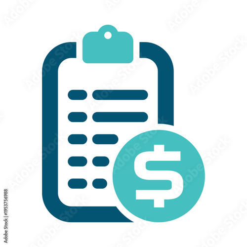 A clipboard with a currency badge represents budgeting and financial planning records. This graphic suits accounting tools, expense trackers, banking interfaces, and business management presentations