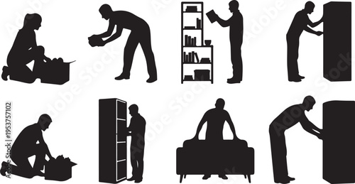 Silhouette of a man moving furniture and household items