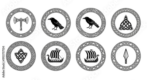 Viking symbols and icons in circles.