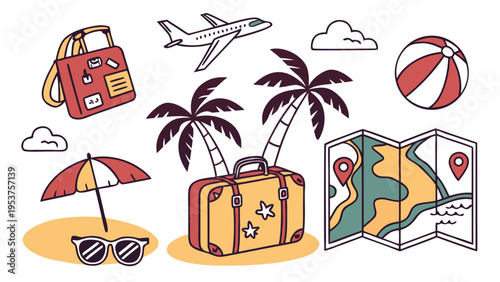 Vibrant travel essentials for a sunny beach vacation with palm trees and a map.