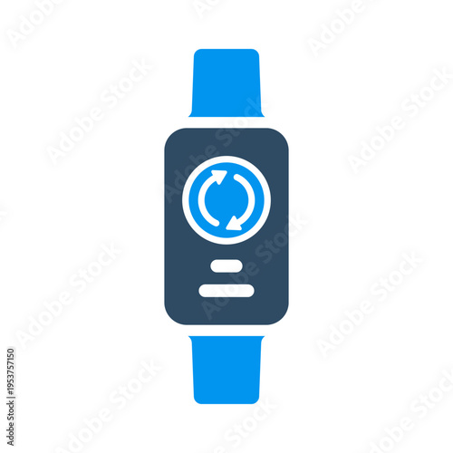 A smartwatch with circular arrows represents data synchronization and device connectivity. This graphic suits health apps, wearable dashboards, cloud services, and fitness data interfaces