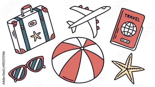 Whimsical collection of travel essentials for a fun summer vacation adventure