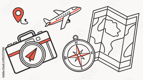Embark on an adventure with travel essentials like a compass, map, camera, and airplane