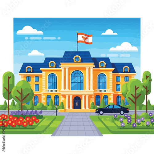 Cartoon-style illustration of a large building with flag, flowers, trees, and car