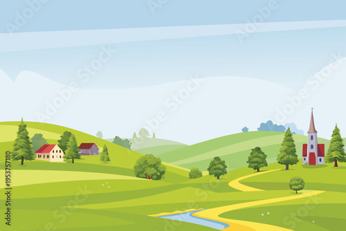 Rolling green hills with a quaint village and distant church
