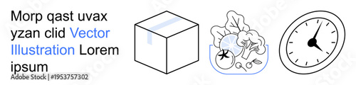 Time management, healthy lifestyle, nutrition, packaging, meal planning, productivity. Minimal line art a clock, vegetables in a bowl and a box. Time management and healthy lifestyle concept