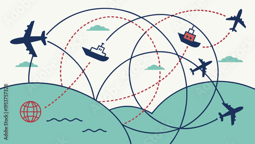 Global travel network connecting planes and ships across continents with digital routes.