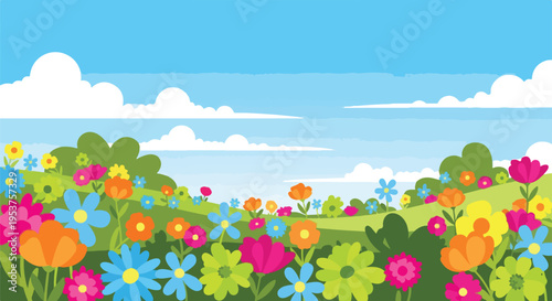 Cartoon-style illustration of a sunny meadow with colorful flowers