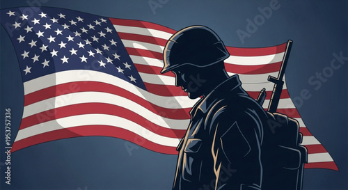 American soldier in silhouette with usa flag patriotism and military service concept