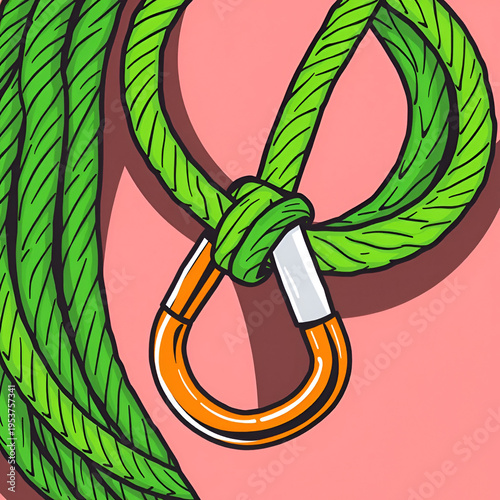 Illustrative coiled green rope with carabiner clip for outdoor adventure activities