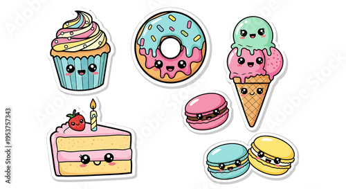 Colorful cartoon dessert and fast food icons.