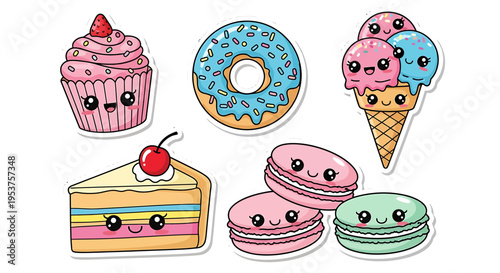 Colorful cartoon dessert icons with smiling faces.